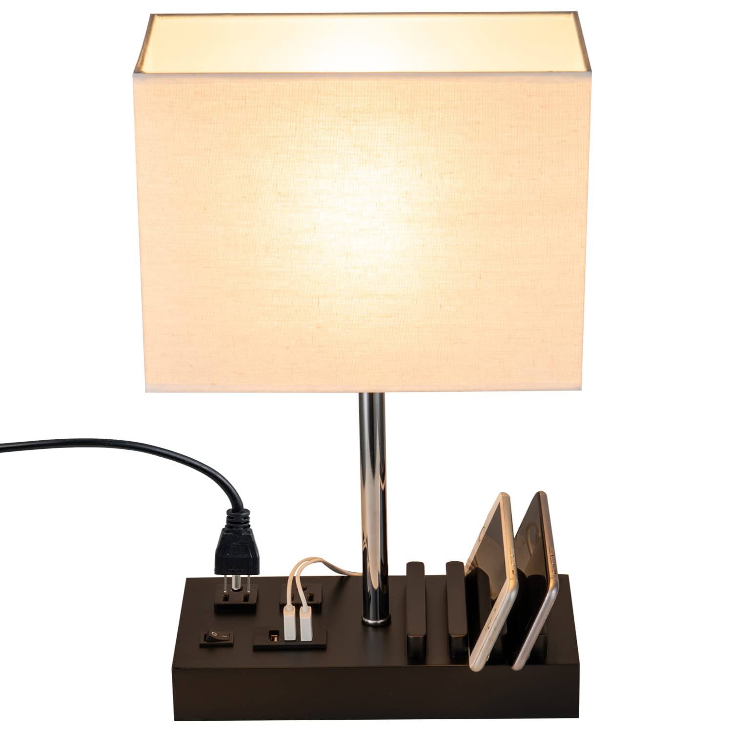 Briever USB Table Lamp with 2 AC Outlets, 3 USB Charging Ports and Wooden Phone Stands