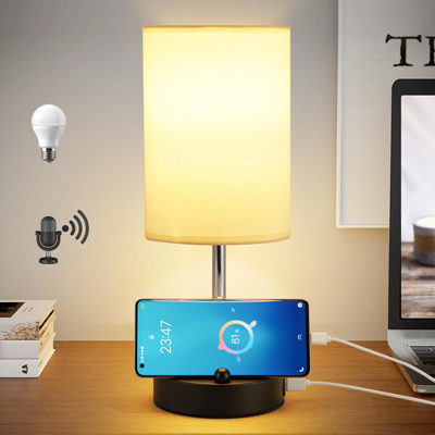Briever AI Voice Control Bedside Table Lamp with USB A+C Ports, 3-Way Dimmable
